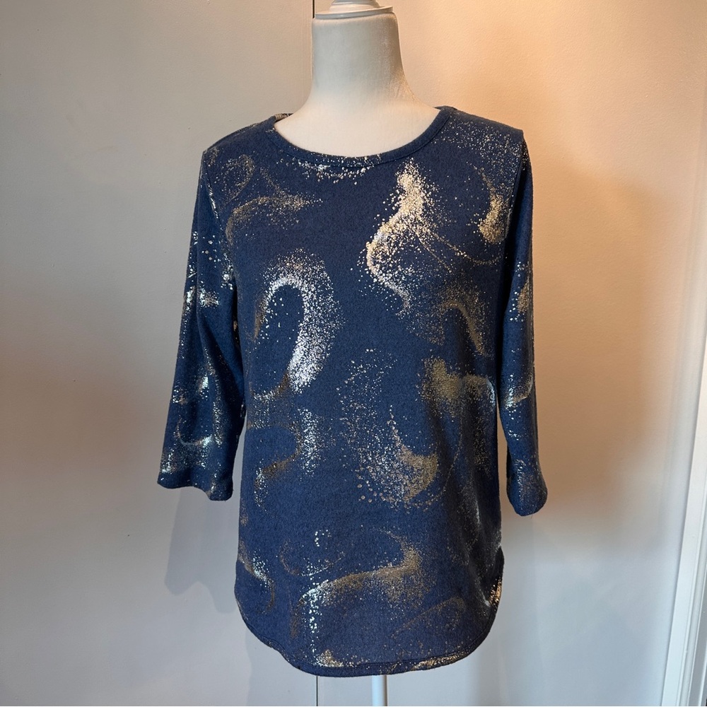 Emily Daniel’s Metallic Swirl Navy Women's 3/4 Sleeve Top Size M